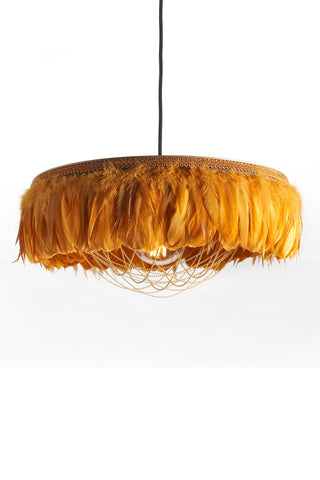 Image of the Juliette Fabulous Feather Chandelier Featuring Chains in Mustard Yellow on a white background
