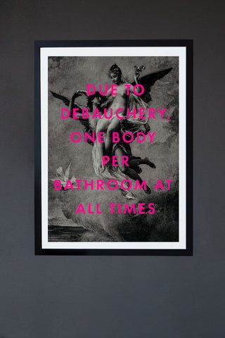 Image of the Framed Debauchery Art Print on a dark grey wall