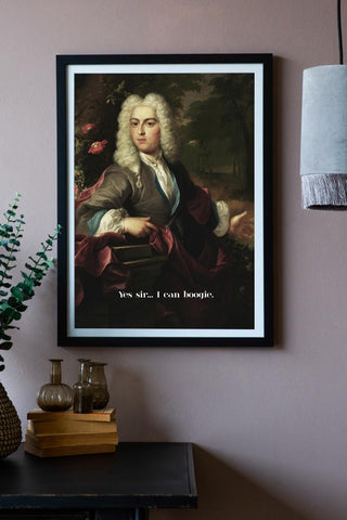 Lifestyle image of the Framed Yes Sir I Can Boogie Art Print on a light wall