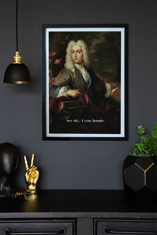Lifestyle image of the Framed Yes Sir I Can Boogie Art Print on a dark wall