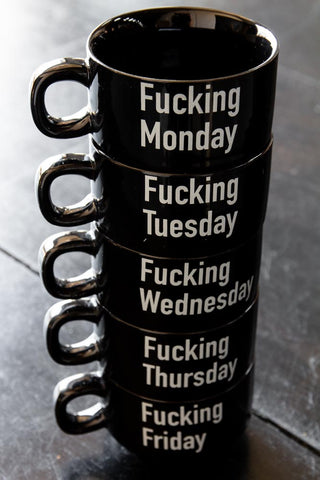 Image of the Set Of 5 Fucking Week Mini Black Coffee Mugs stacked