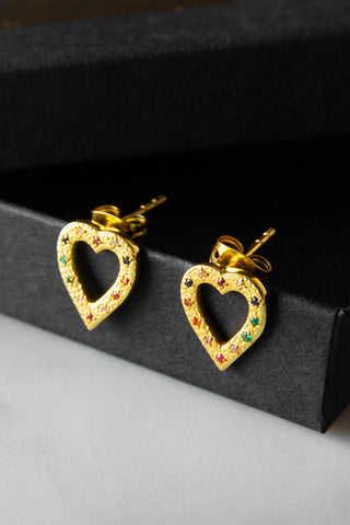 Lifestyle image of the Gold Multicoloured Crystal Heart Stud Earrings