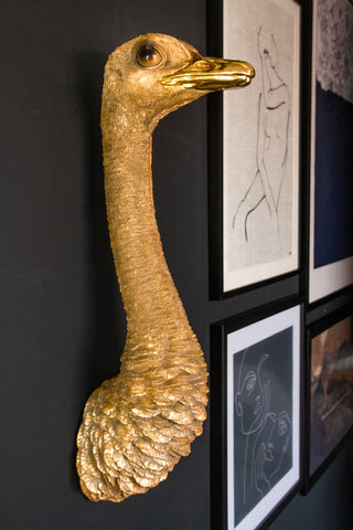 Close-up lifestyle image of the Gold Ostrich Head Wall Decoration hanging on a wall