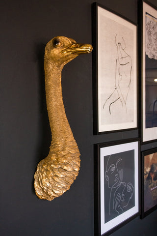 Lifestyle image of the Gold Ostrich Head Wall Decoration hanging on a wall