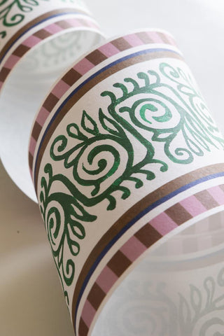 Close-up image of the Green & Pink Patterned Border Wallpaper