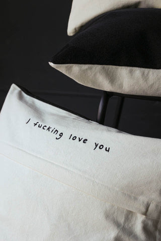 Close up image of the I Fucking Love You Monochrome Cushion