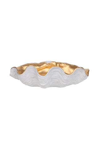 Image of the Large White & Gold Clam Shell Display Dish on a white background