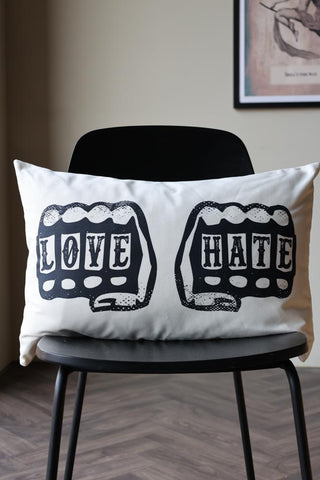 Lifestyle image of the Love Hate Monochrome Cushion