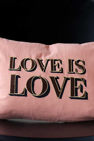 Image of the Love Is Love Embroidered Blush Pink Cushion on a chair