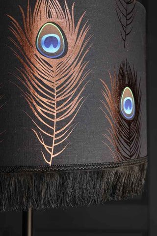 Close-up image of the Mind The Gap Peacock Feather Lamp Shade
