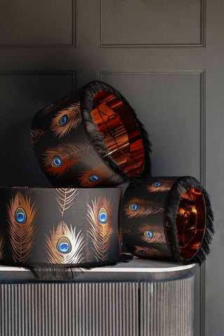 Image of the 3 sizes of Mind The Gap Peacock Feather Lamp Shade in the range