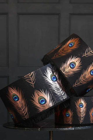 Image of the 3 sizes available in the Mind The Gap Peacock Feather Lamp Shade