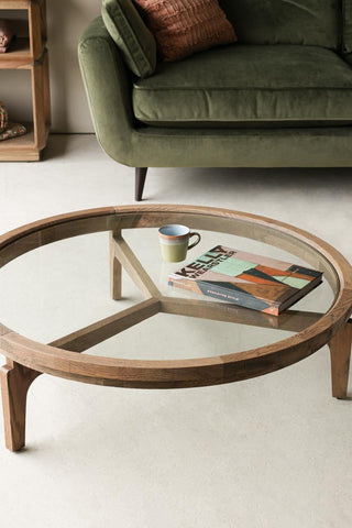 Lifestyle image of the Palm Springs Natural Oak Coffee Table With Glass Top