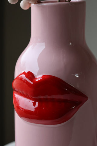 Image of the lips on the Pink Ceramic Vase With Luscious Red Lips