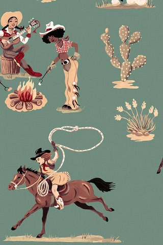 Close-up image of the Poodle & Blonde Cliftonville Cowgirls Mirage Wallpaper