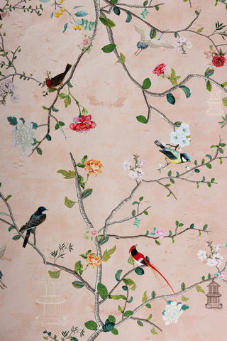 Close up image of Rockett St George wallpaper in pink 'Watermelon Blush' colourway; pattern consisting of birds, branches, architecture details and florals. 