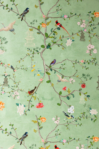 Close-up image of the Rockett St George Modern Chinoiserie Green Tea Wallpaper
