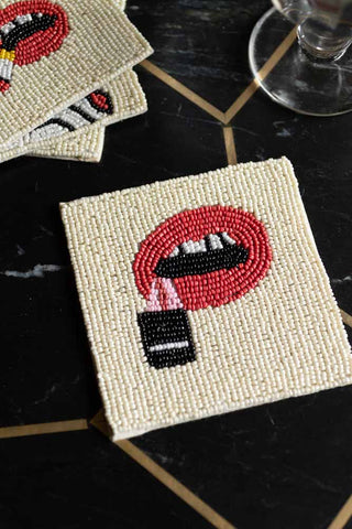 Image of design 3 for the Set Of 4 Beaded Red Lips Coasters