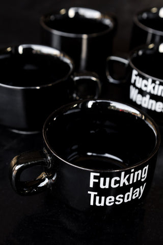 Image of the Tuesday mug from the Set Of 5 Fucking Week Mini Black Coffee Mugs