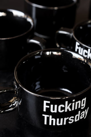 Image of the Thursday mug from the Set Of 5 Fucking Week Mini Black Coffee Mugs