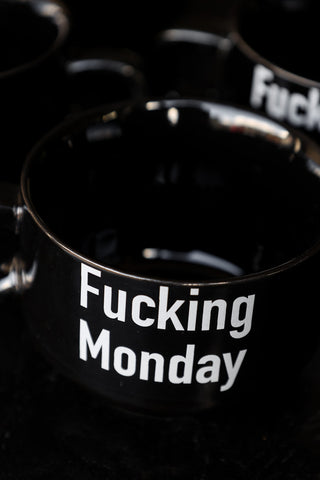 Image of the Monday mug from the Set Of 5 Fucking Week Mini Black Coffee Mugs