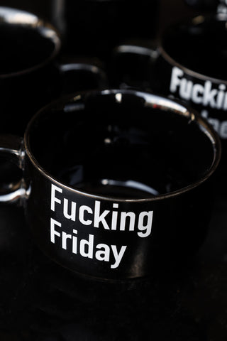 Image of the Friday mug from the Set Of 5 Fucking Week Mini Black Coffee Mugs