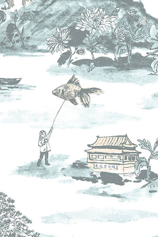 Close-up image of the Sian Zeng Ltd Mountains Blue & Peach Wallpaper