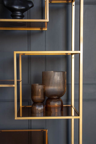 Image of one of the cube shelves on the Tall Gold & Glass Art Deco Shelving Unit