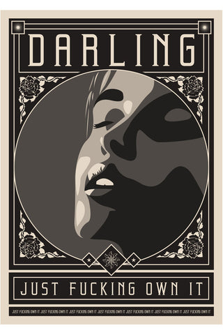 Cut out image of the Framed Darling Just Fucking Own It Art Print hanging on a wall