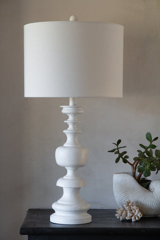 Image of the White Turned Wood Table Lamp With Linen Lamp Shade