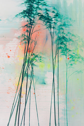 detail image of elli popp see into the trees wallpaper - daytime orange and green smudges and teal tree silhouettes with pale background