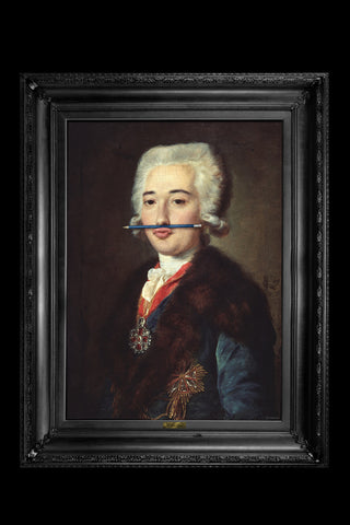 lifestyle image of the blue pencil canvas with printed frame coloured portrait with blue pencil in mouth and black frame on black background