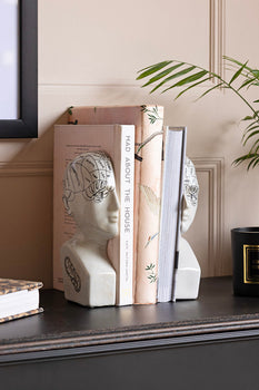 A set of phrenology head bookends holding up books. 