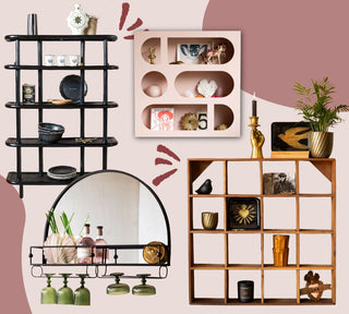 A montage of shelving styled with curios and beautiful ornaments