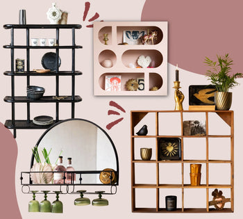 A montage of shelving styled with curios and beautiful ornaments