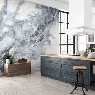 image of a kitchen with a marble wall mural