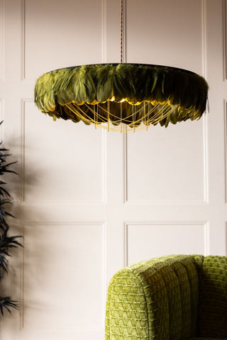 A green feathered chandelier. 
