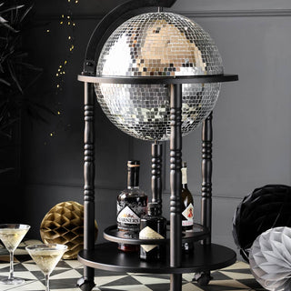 The Black Disco Ball Drinks Trolley Cart styled with various glassware, bottles and decorative party accessories.