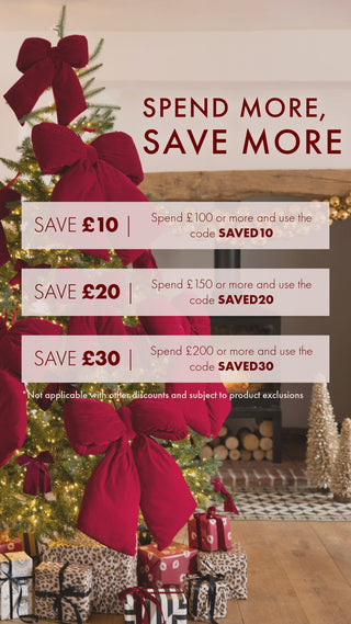 Christmas-themed promotional offer with red bows and gift boxes in a decorated room.