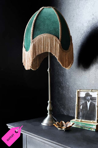 Lifestyle image of the Winifred Green Velvet Fringe Table Lamp.