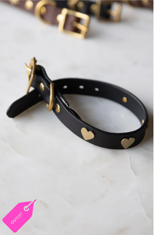 Black Leather Dog Collar with Hearts on a white background.