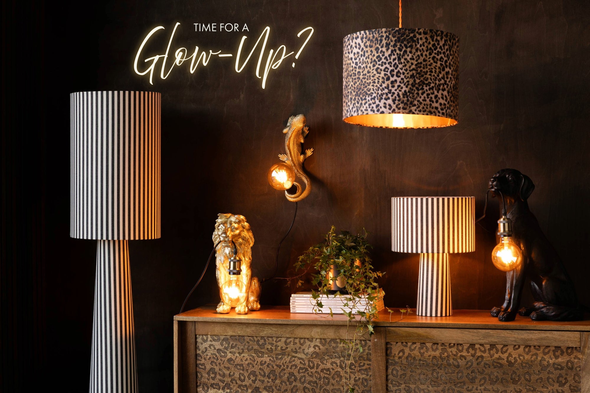 Decorative lamps and lighting fixtures on a dark background with text 'Time for a Glow-Up?'
