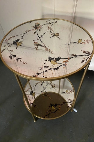 Image of the Gold Beautiful Birds Mirror Side Table on a dark floor.