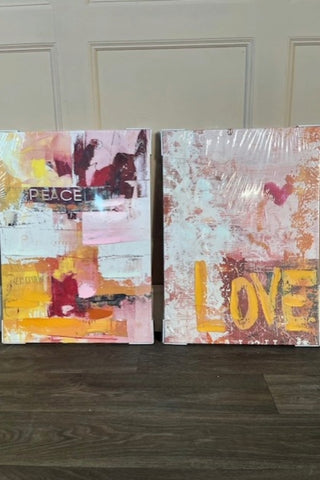 Image of the Set of 2 Pink & Orange Abstract Peace/Love Wall Art.