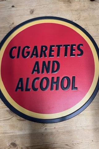 The Cigarettes & Alcohol Sign on a wooden background