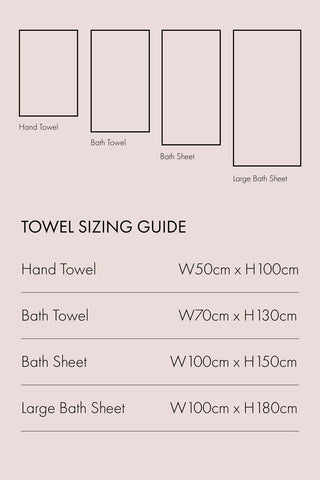 A towel size guide showing all 4 sizes. 
