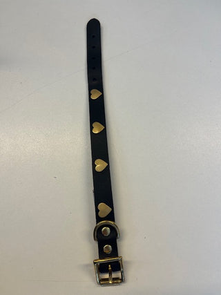 Black Leather Dog Collar with Hearts on a white background.