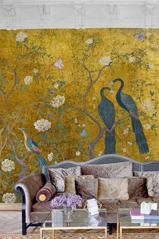 Lifestyle image of the Edo Mural Design Wallpaper in Gold.