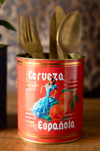One of the Set Of 2 Flamenco & Orange Kitchen Storage Tins styled with cutlery inside.