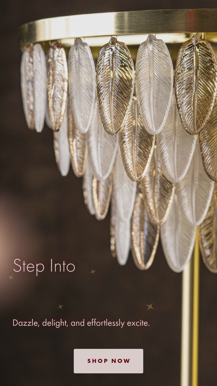 A close-up of the glass feather champagne chandelier